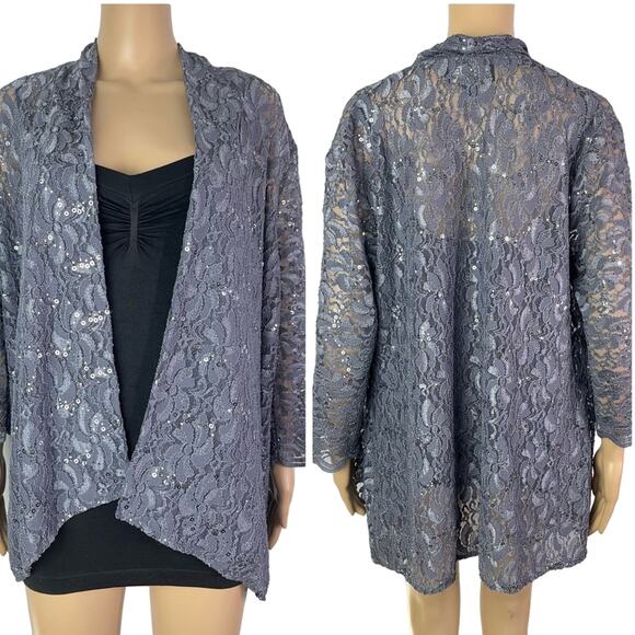 Alex Evenings Sweaters - Alex Evenings Sequin and Lace Sheer Open Front Lightweight Cardigan